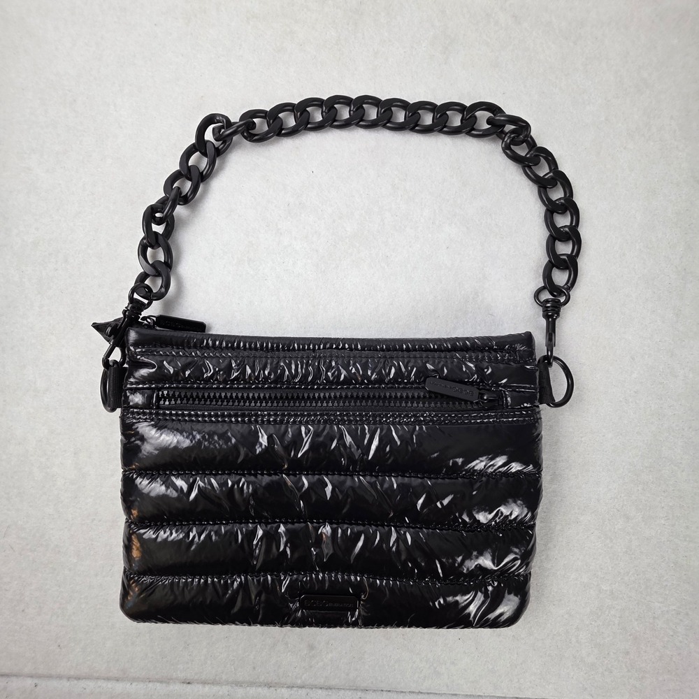 BCBGeneration Black Puffer Quilted Nylon Shoulder Bag Chunky Chain Zip Purse